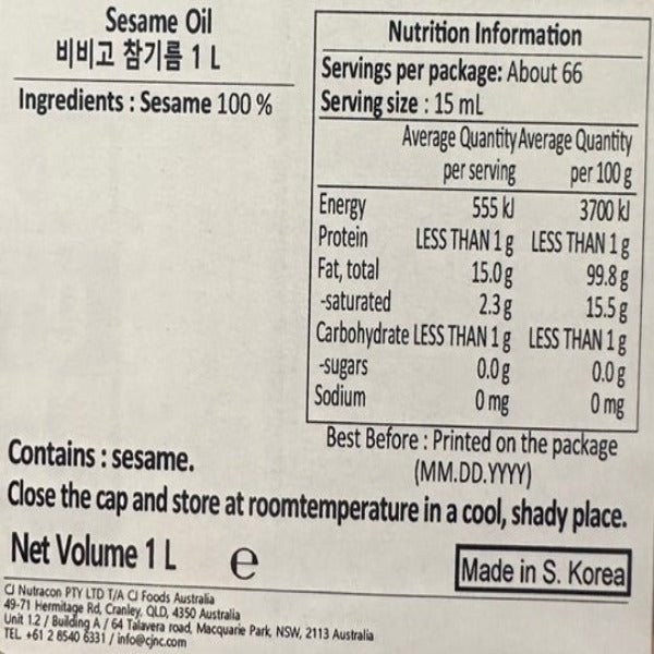 CJ 必品阁芝麻油 1L*6/씨제 Been 비비고 참기름