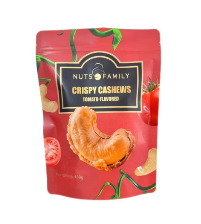 Red package of Nuts Family Crispy Cashews Tomato Flavored on a white background