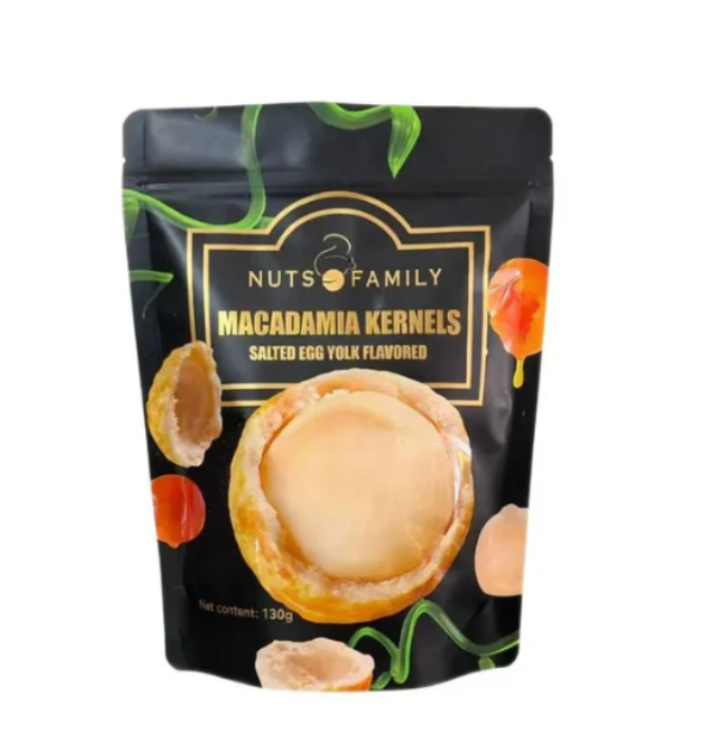 Packaged macadamia kernels with a visible brand label on a white background