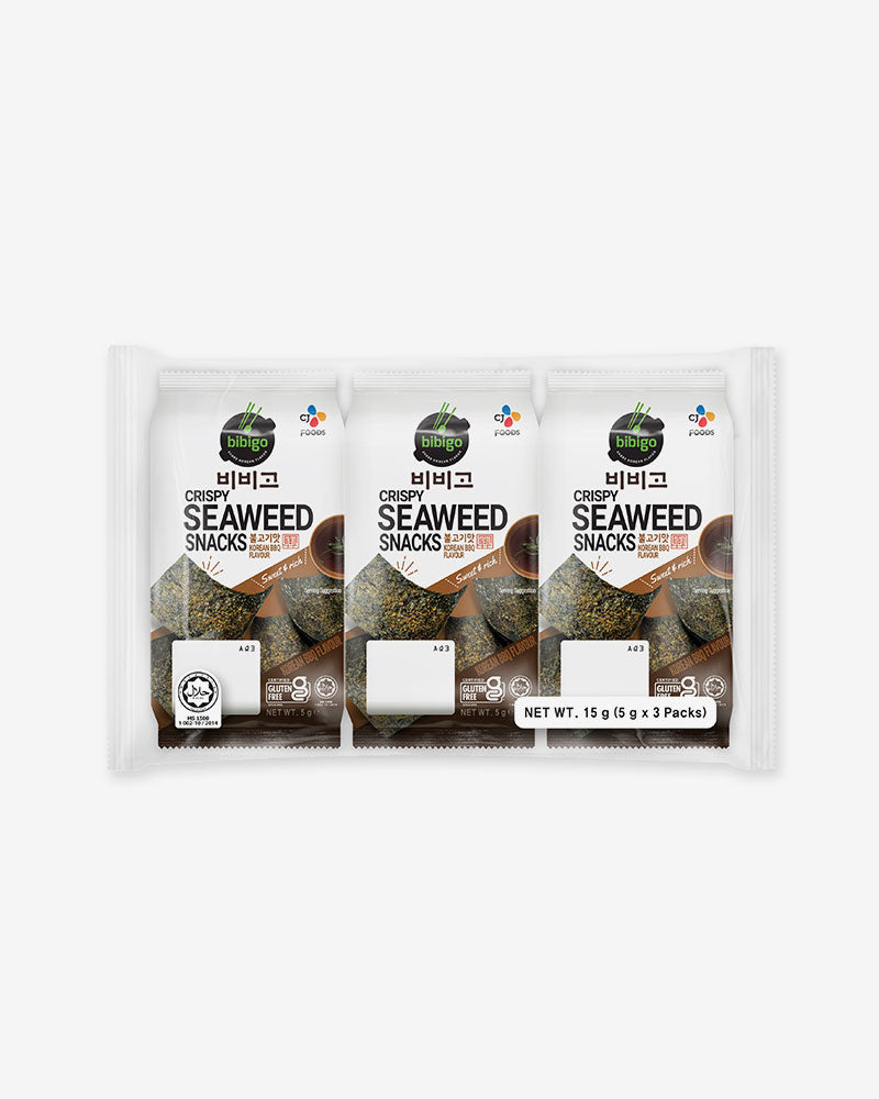 CJ bibigo 紫菜零食 烧烤味 CRISPY SEAWEED – KOREAN BBQ FLAVOUR (Porphyra tenera)(5G*3)*12